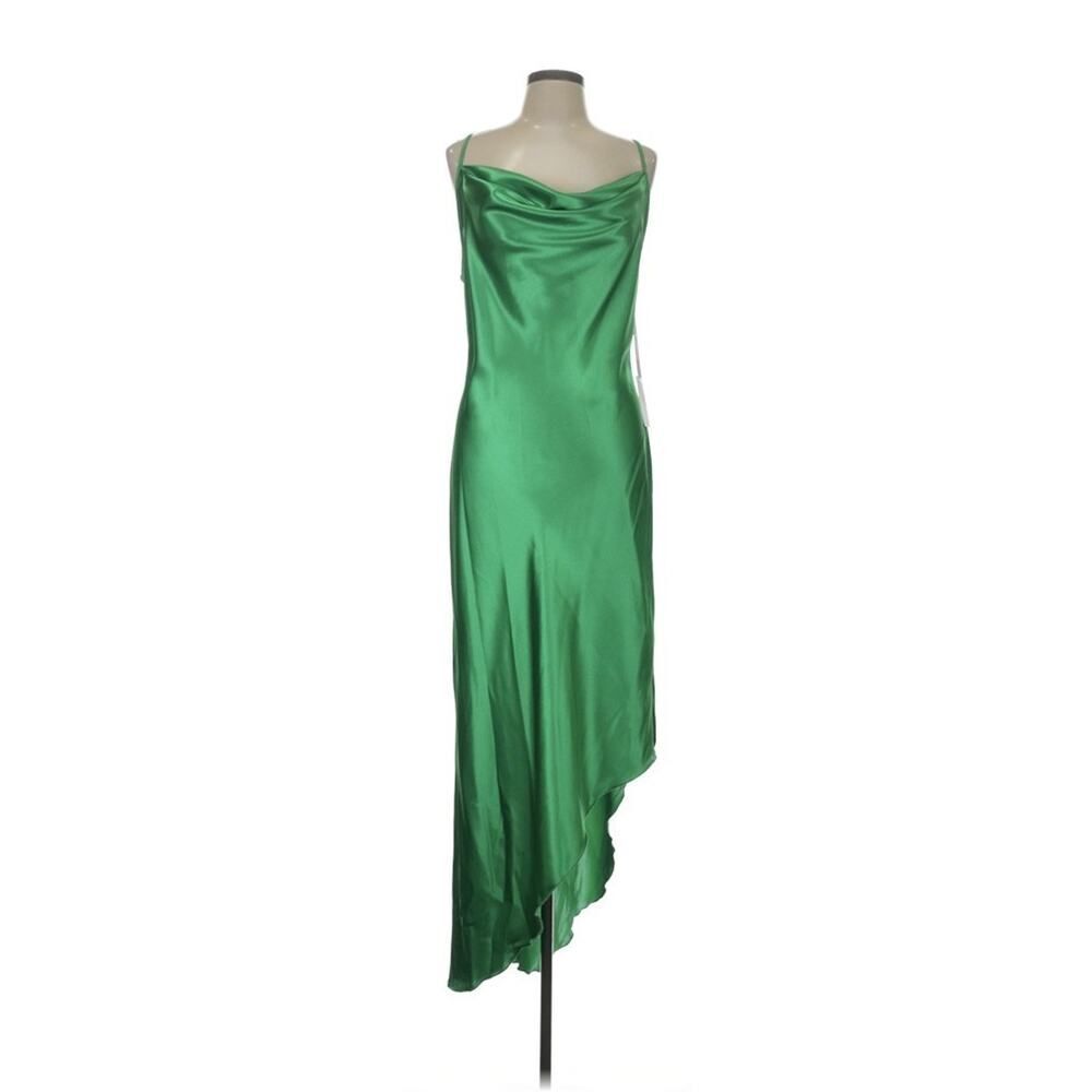 NWT bebe Green Satin Slip Dress Asymmetrical Hem Cowl Neck Maxi Large - Picture 2 of 6
